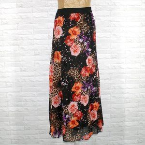 JACLYN SMITH Skirt Sheer Floral Animal Print Pleated Midaxi Black Colorful Large